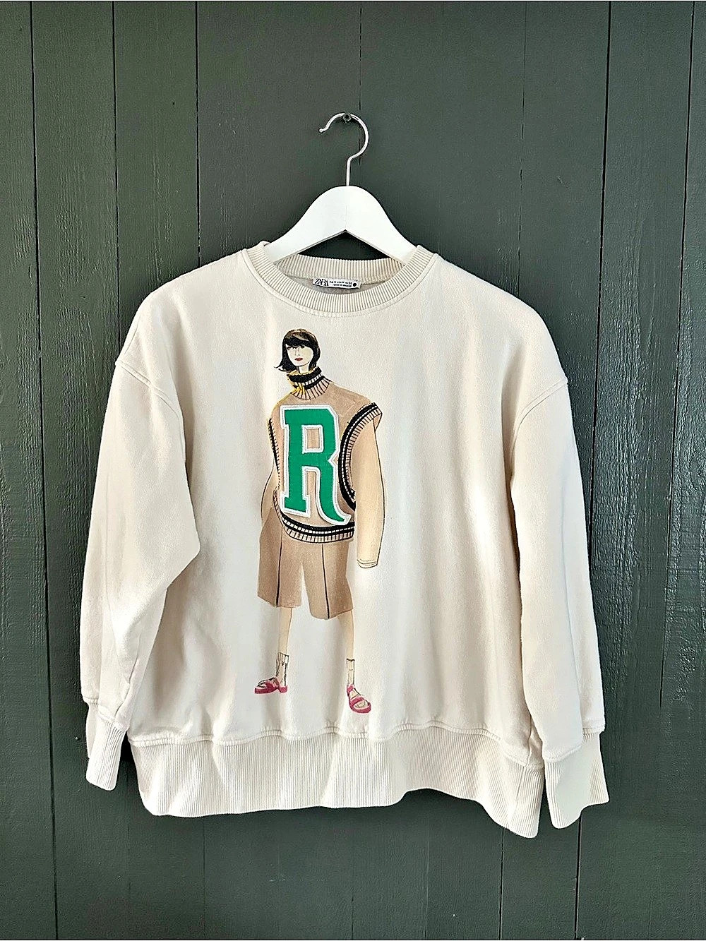 Zara Graphic Sweatshirt White & Green Medium